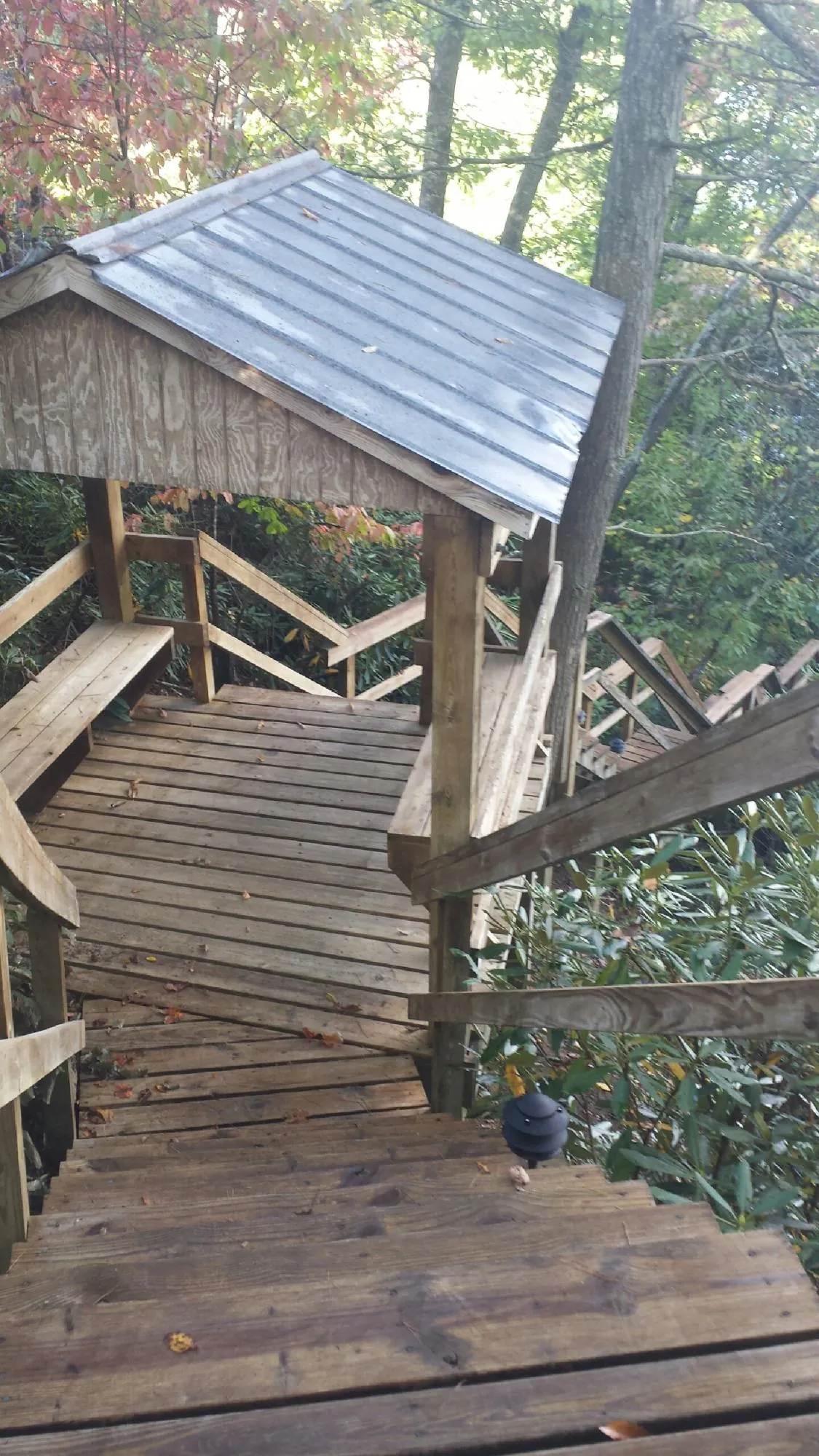 Metal roofed shelter over wooden steps on a wooded walkway — Skylight Repair & Installation work by our crew in Clarkia